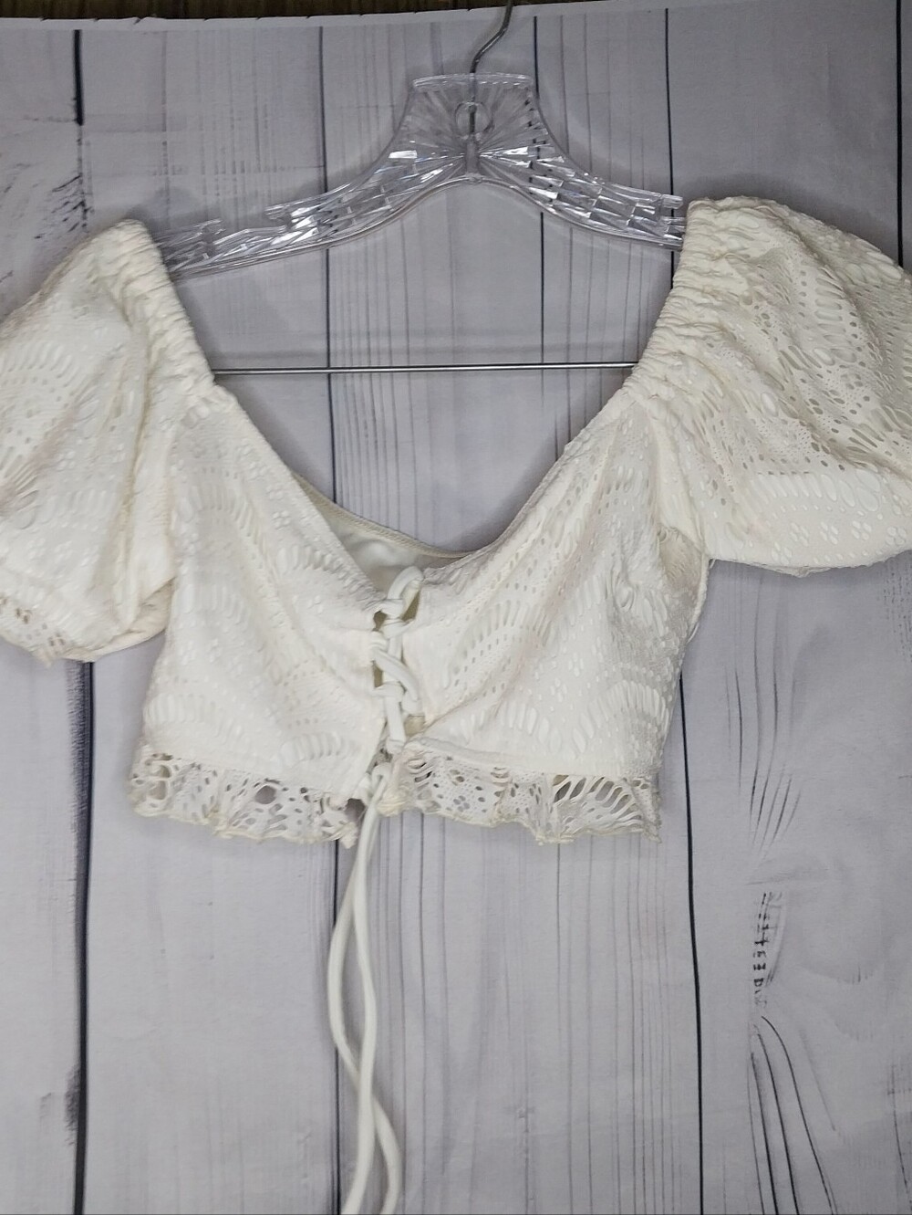 ASOS Cream Lace-Trim Tie-Front Puff Sleeve Boho Chic Beach Festival Crop Top
